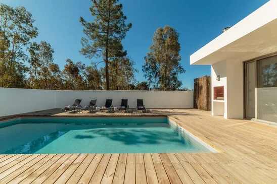 Terrasse ext&eacute;rieure moderne avec piscine rectangulaire &agrave; d&eacute;bordement, entour&eacute;e de platelage en bois naturel