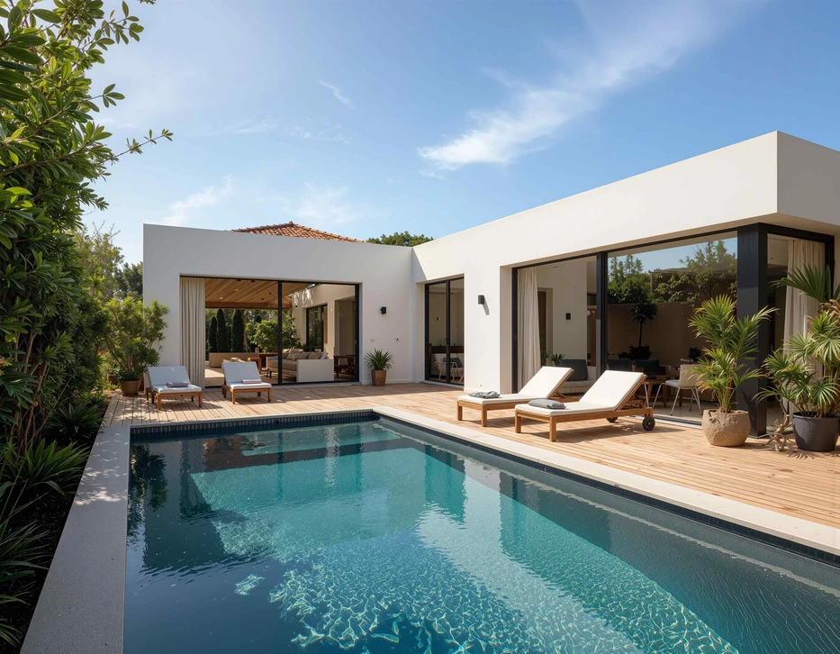 Nettoyage ext&eacute;rieur d'une terrasse en bois avec brosse &agrave; poils durs et tuyau d'arrosage jaune