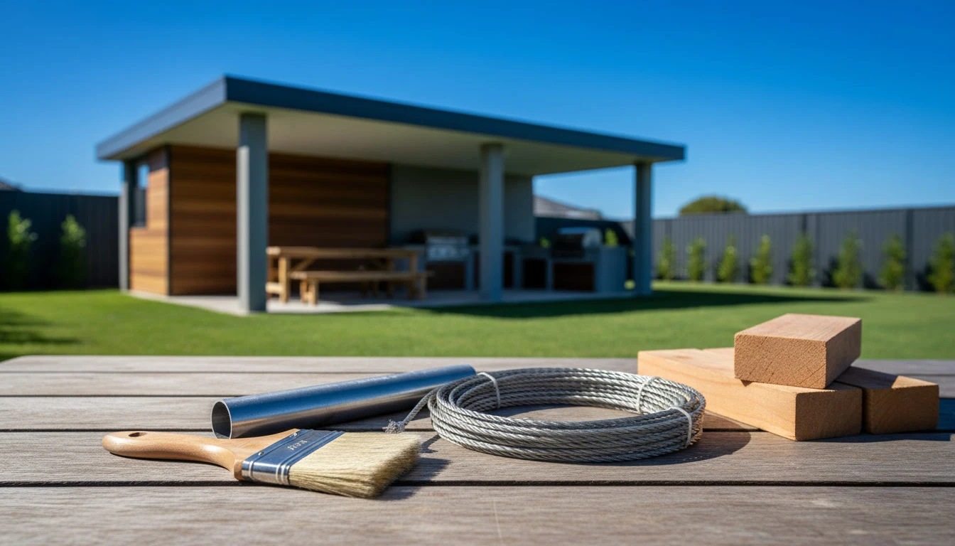 Terrasse extérieure aménagée avec salon de jardin en teck comprenant fauteuils rembourrés de coussins beiges et table basse