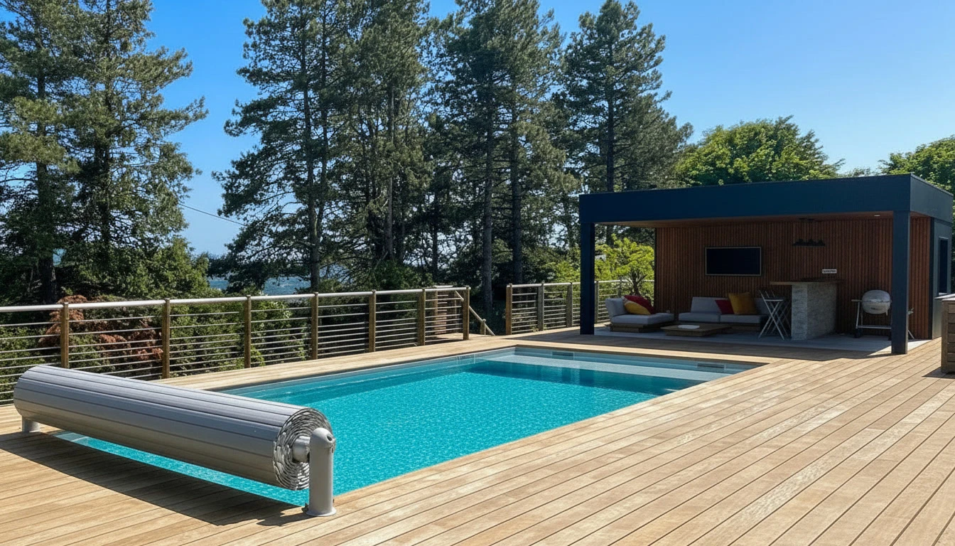 Terrasse extérieure moderne avec deck en bois exotique, mur de clôture en lames horizontales assorties