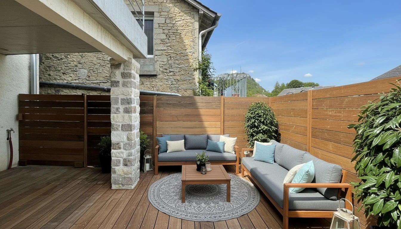 Jardin extérieur aménagé avec terrasse en bois circulaire, deux chaises en teck, clôture en panneaux horizontaux bois traité, végétation ornementale incluant palmier, géraniums rouges, lavande