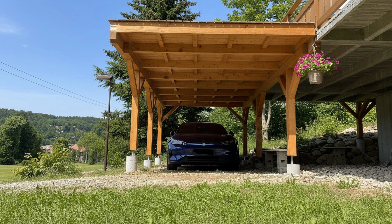 Maison contemporaine illuminée la nuit avec architecture à niveaux multiples, balcons en bois avec garde-corps, baies vitrées panoramiques